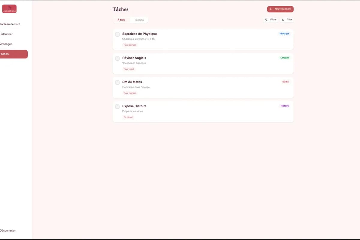 Tâches du projet Learn@Home