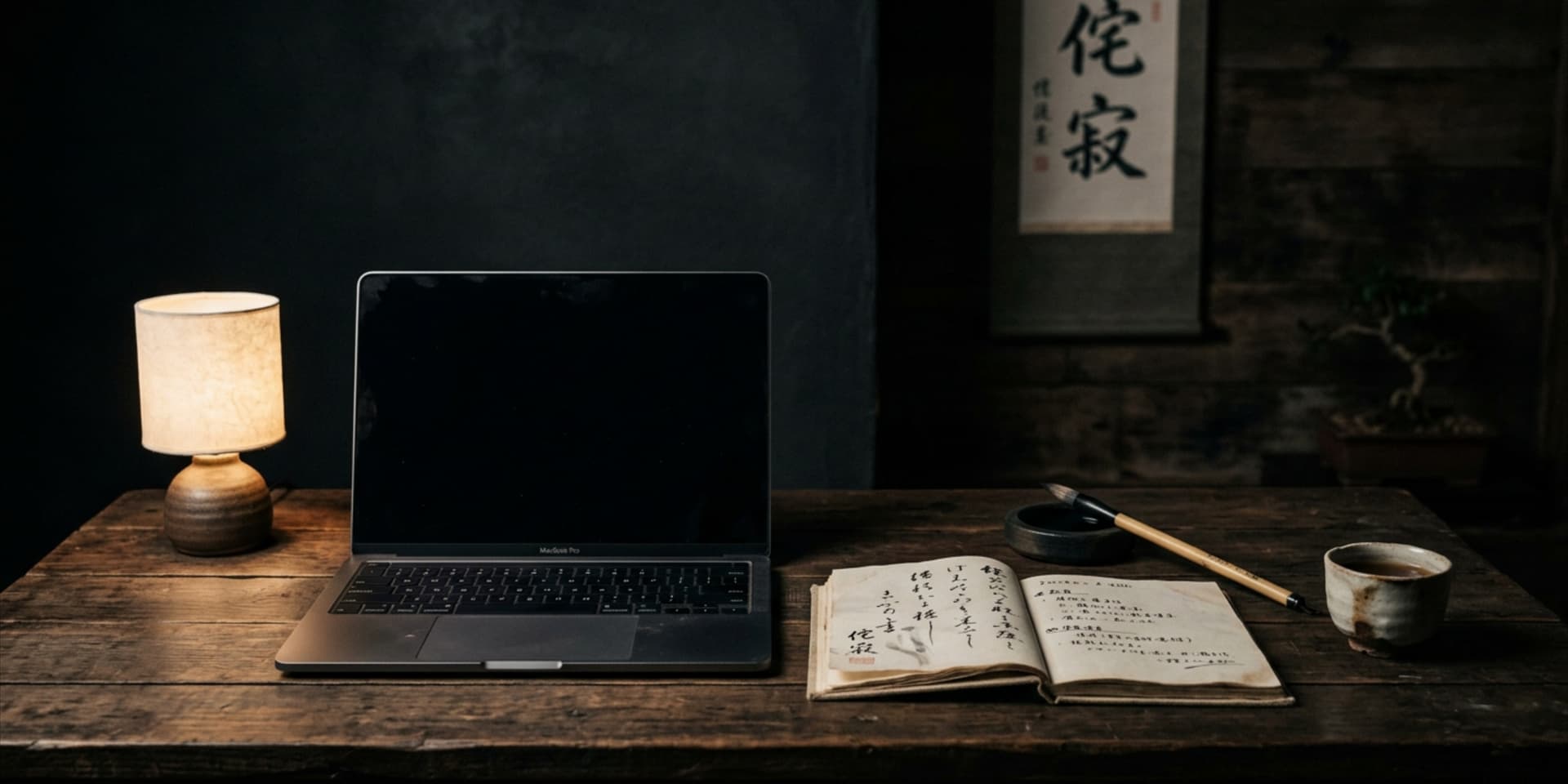 Workspace zen — bureau avec laptop et calligraphie japonaise